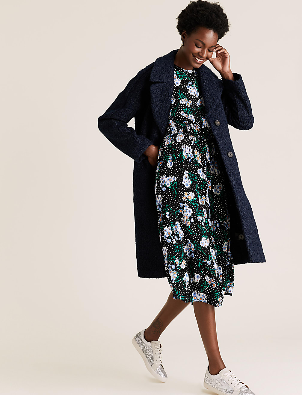 Floral Round Neck Midi Waisted Dress