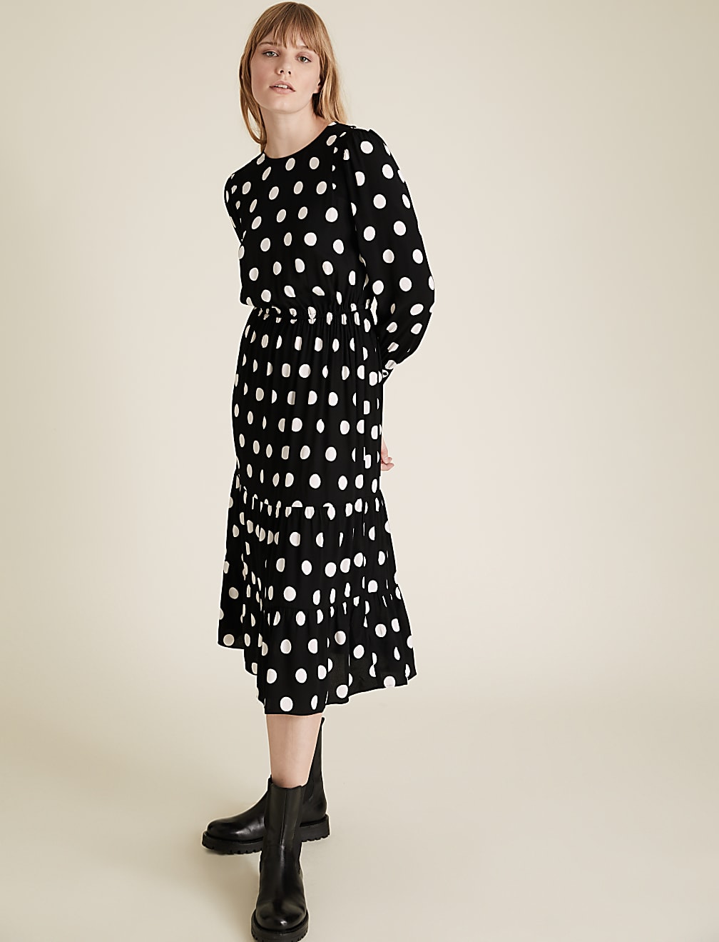 Polka Dot Round Neck Midi Waisted Dress