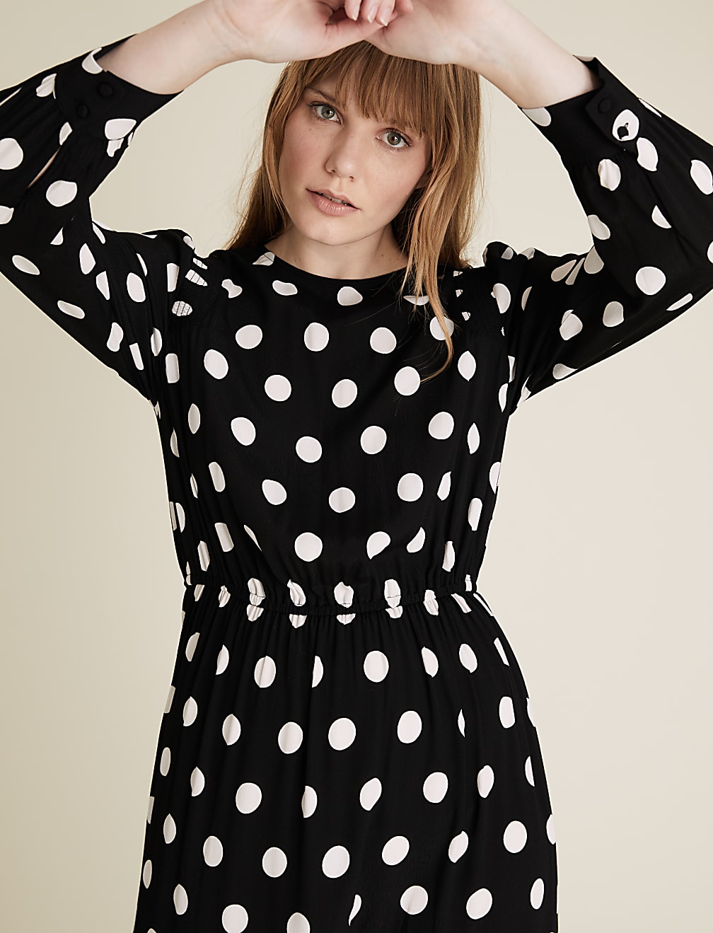 Polka Dot Round Neck Midi Waisted Dress