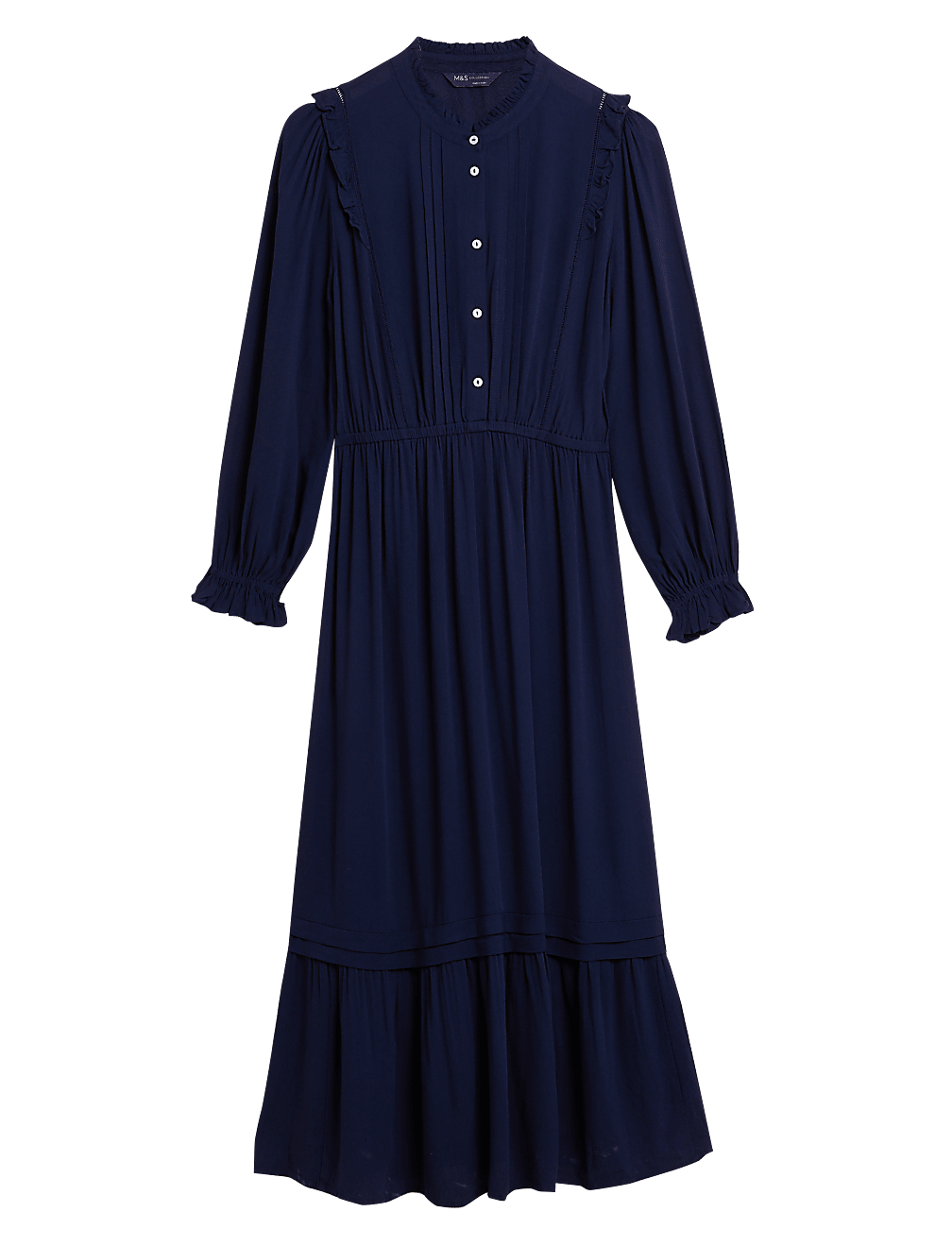 Pintuck Button Front Midi Waisted Dress