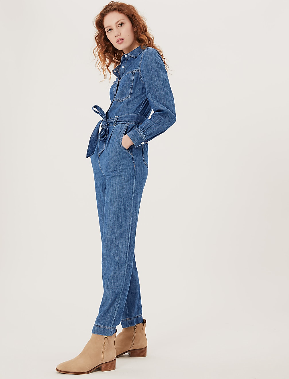 Denim Belted Long Sleeve Jumpsuit