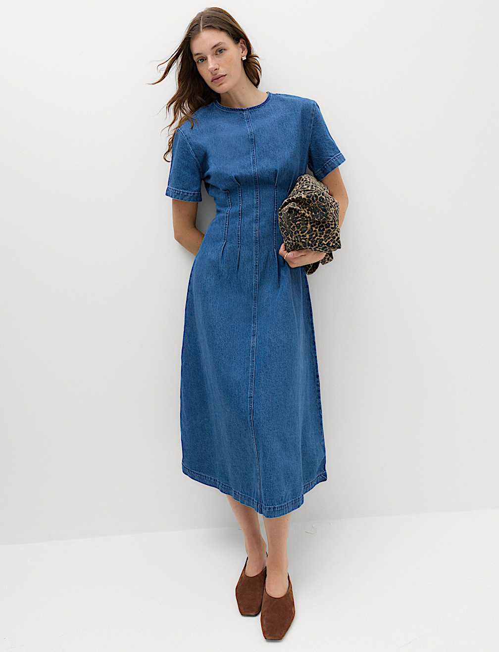 Denim Pintuck Midi Column Dress