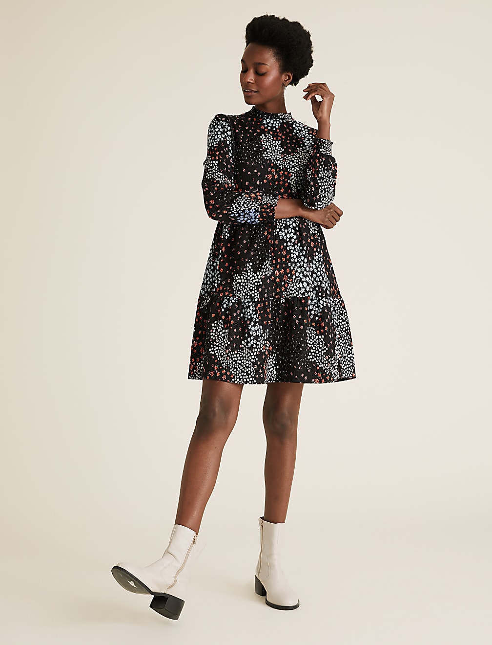 Jersey Floral Mini Tiered Dress