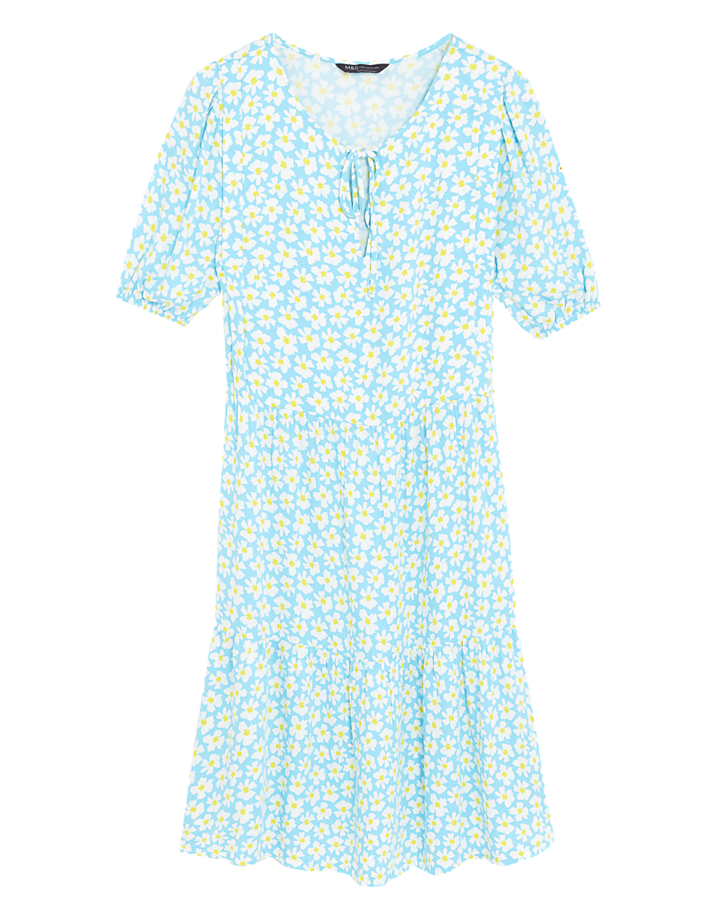 Printed Tie Neck Mini Tiered Dress