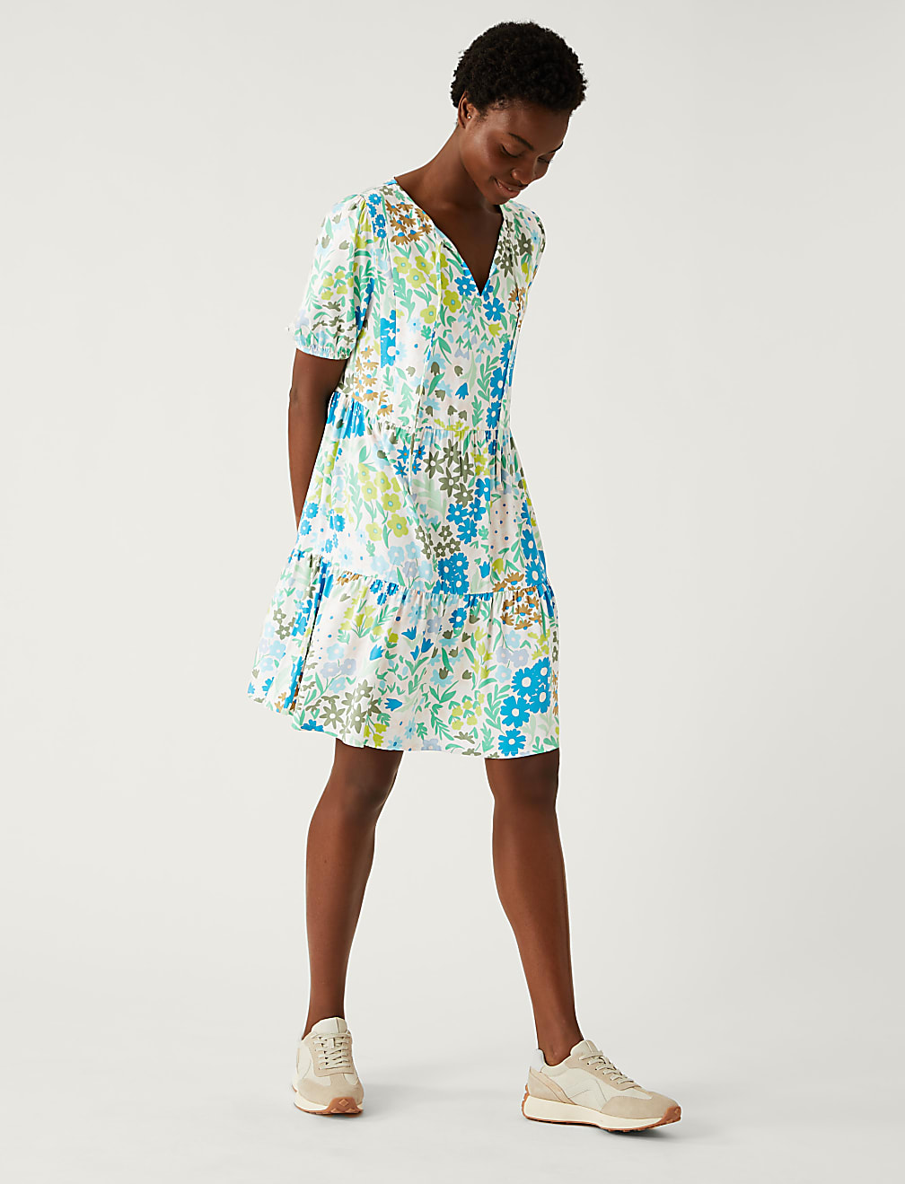 Printed Tie Neck Mini Tiered Dress