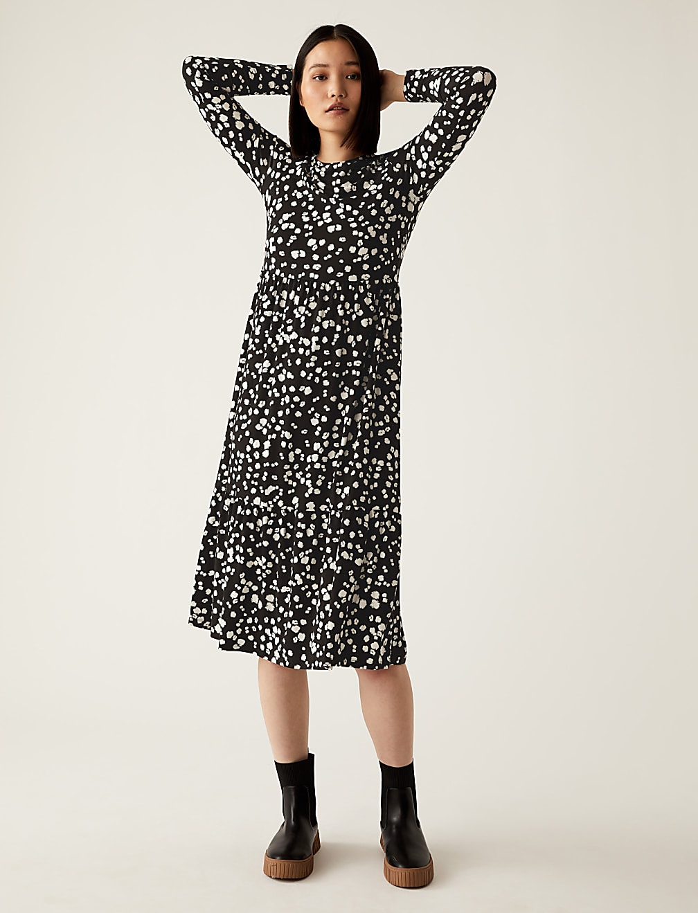 Jersey Printed Round Neck Midi Tiered Dress