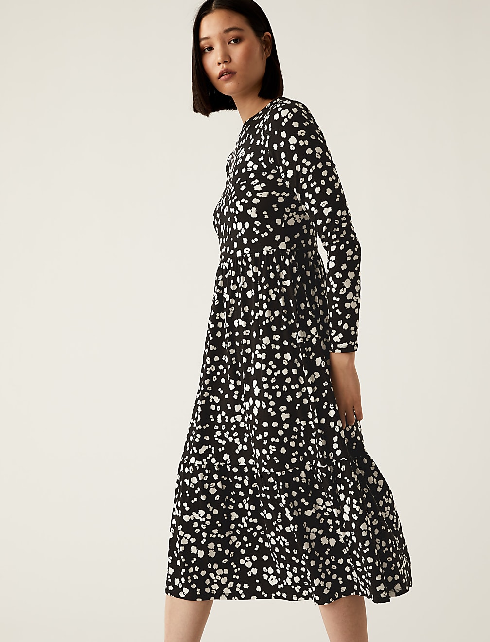 Jersey Printed Round Neck Midi Tiered Dress