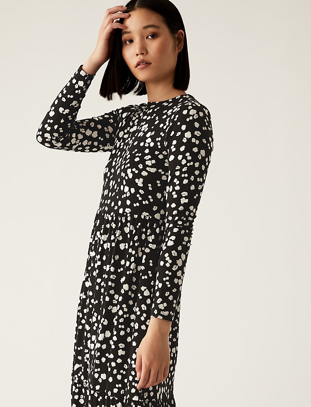 Jersey Printed Round Neck Midi Tiered Dress