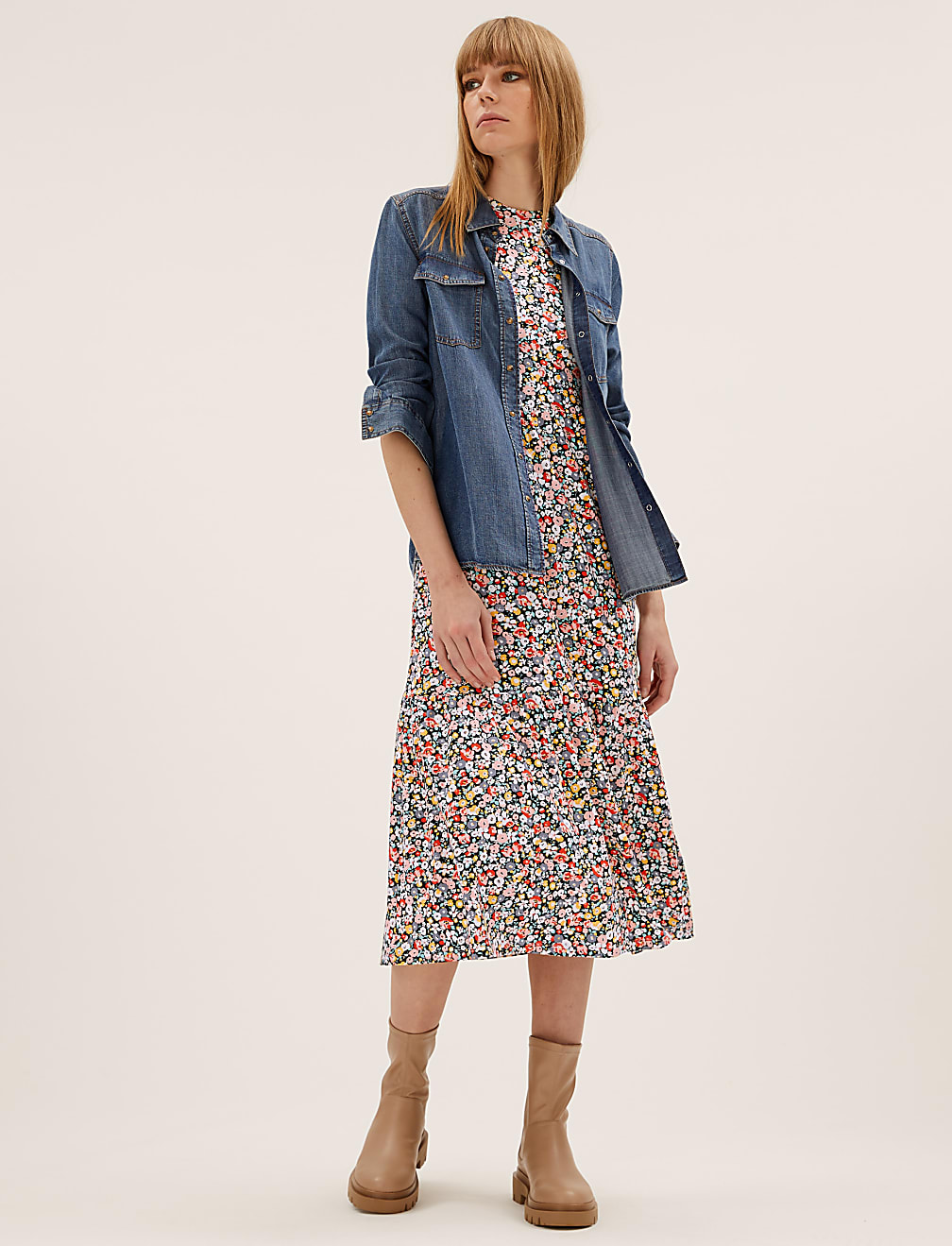 Jersey Floral Midi Tiered Dress