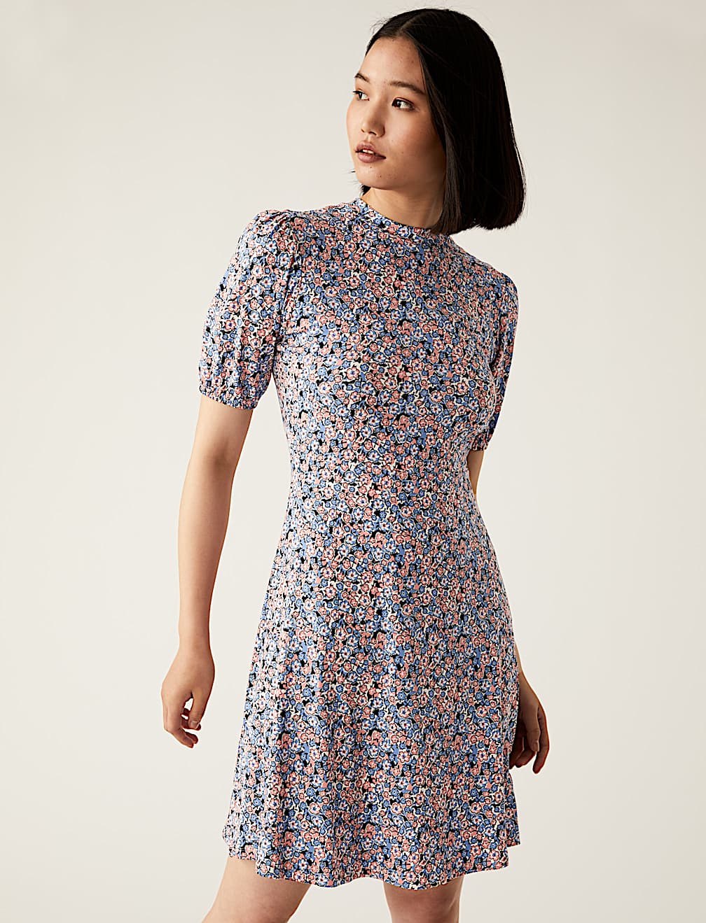 Jersey Floral High Neck Skater Dress