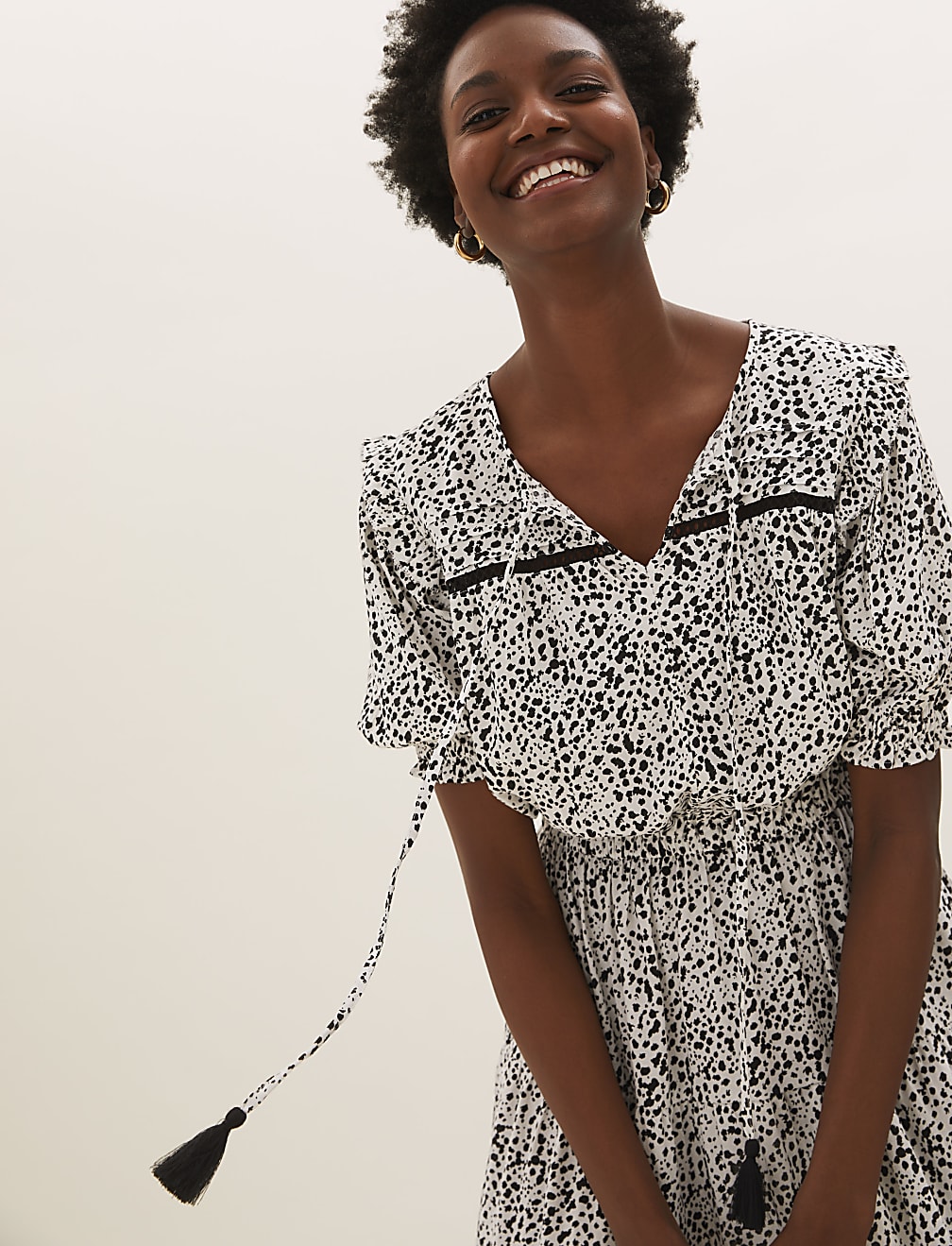 Printed Tie Neck Midaxi Waisted Dress