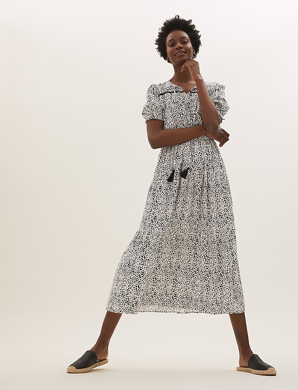 Printed Tie Neck Midaxi Waisted Dress
