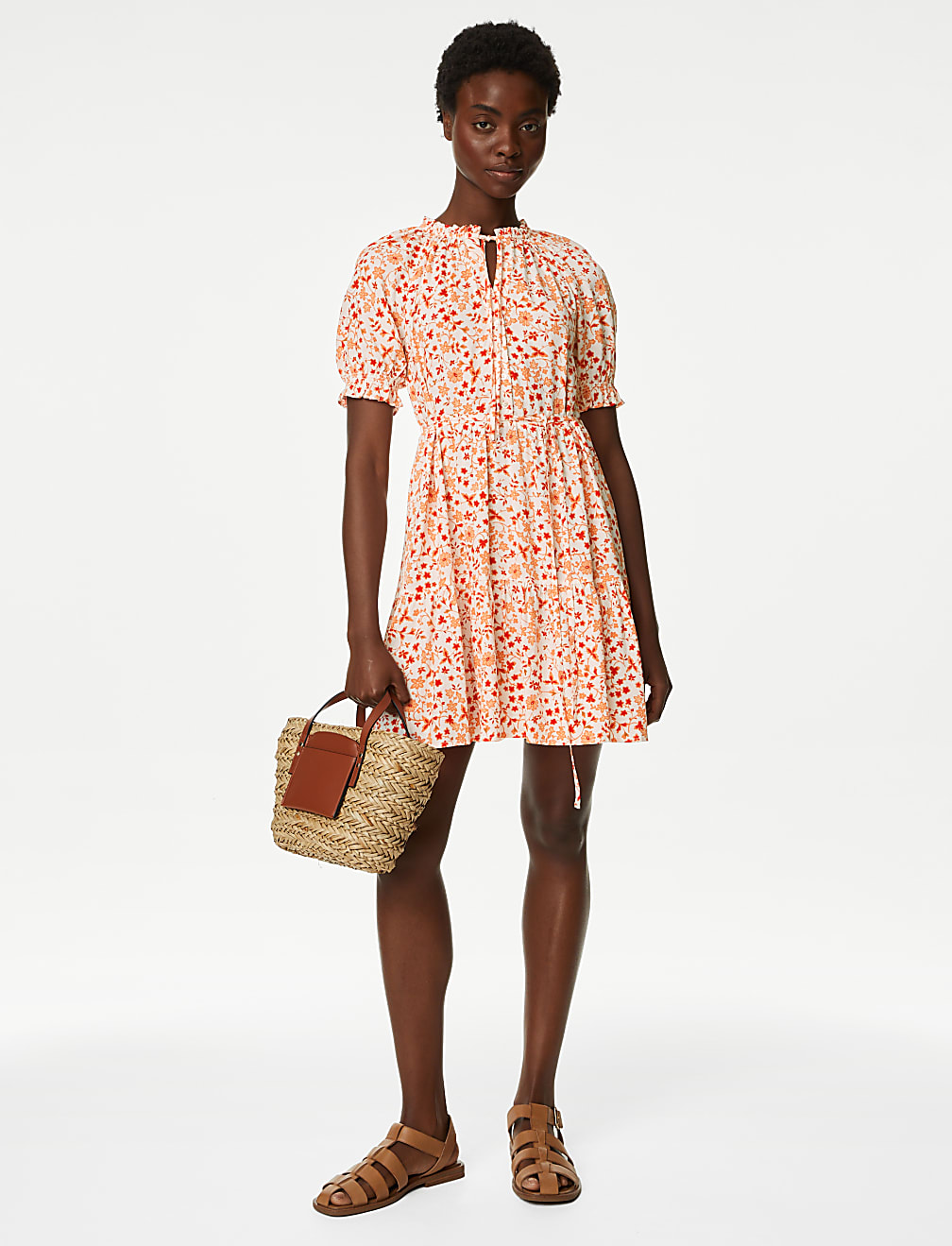 Printed Tie Neck Mini Tiered Dress