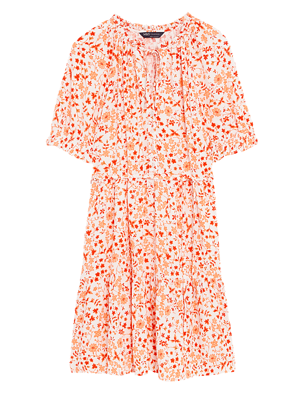 Printed Tie Neck Mini Tiered Dress