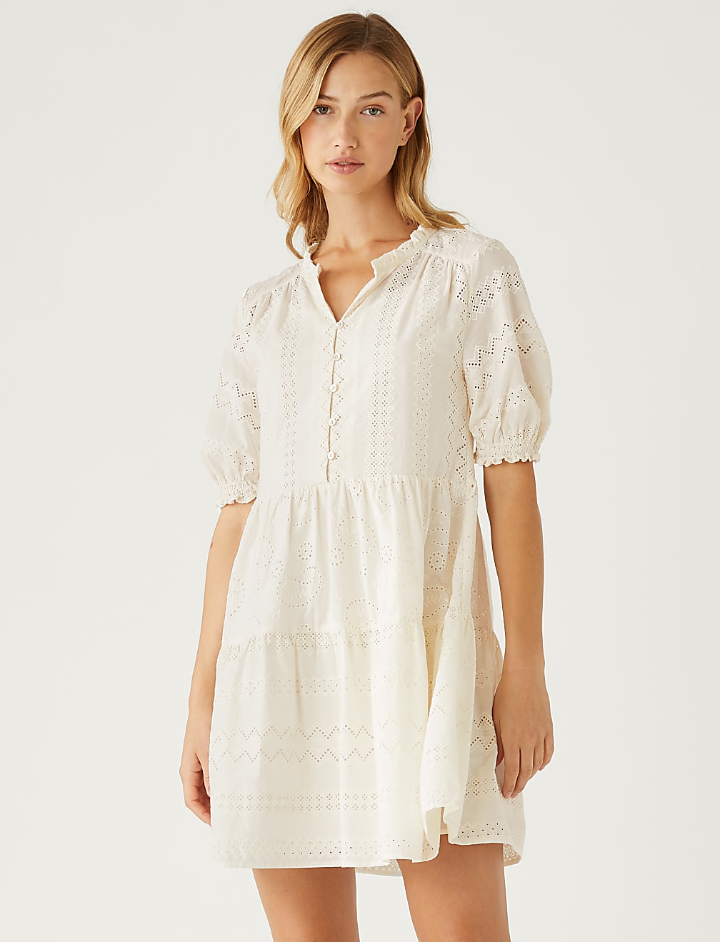 Pure Cotton Broderie V-Neck Mini Dress