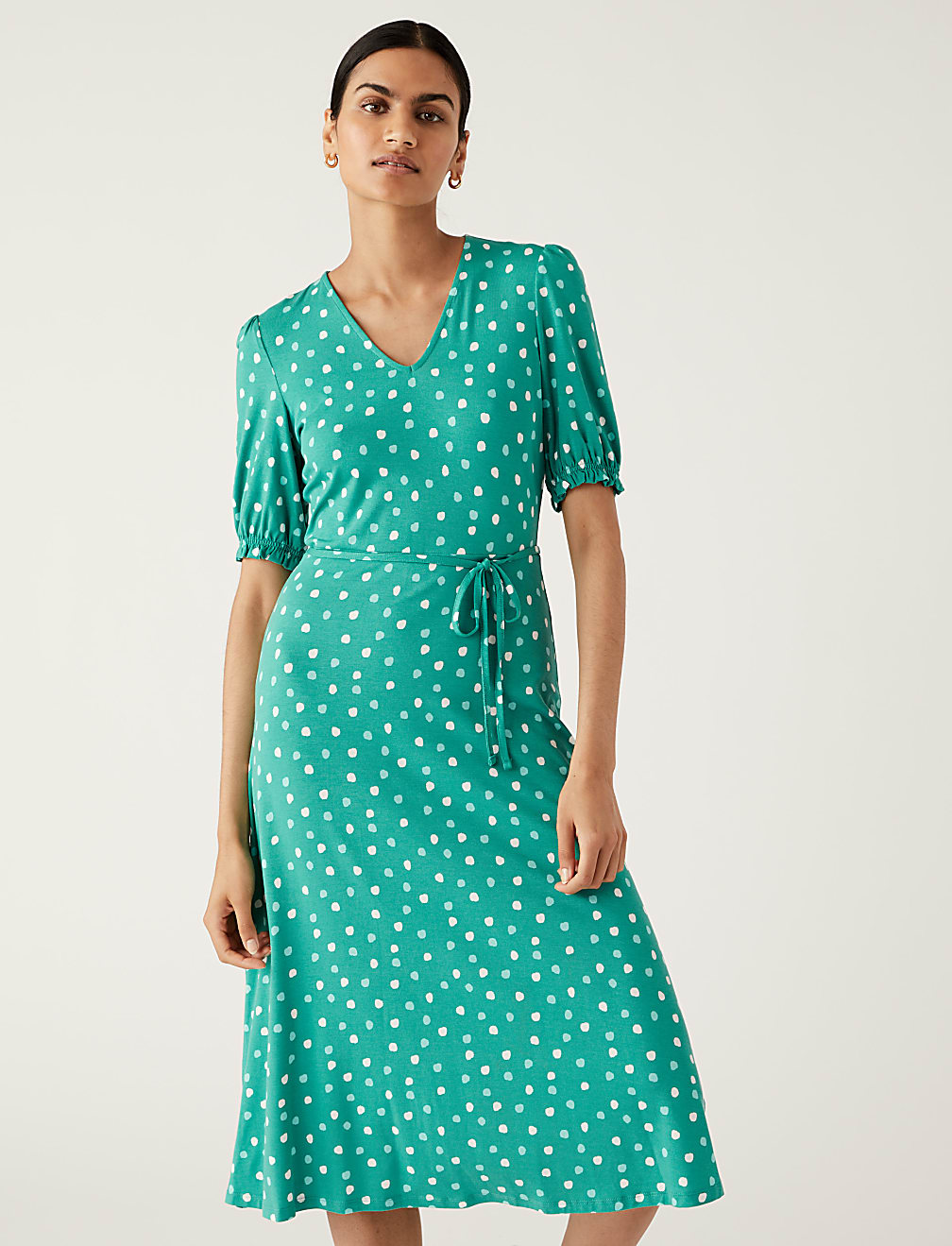 Jersey Polka Dot V-Neck Midi Tea Dress