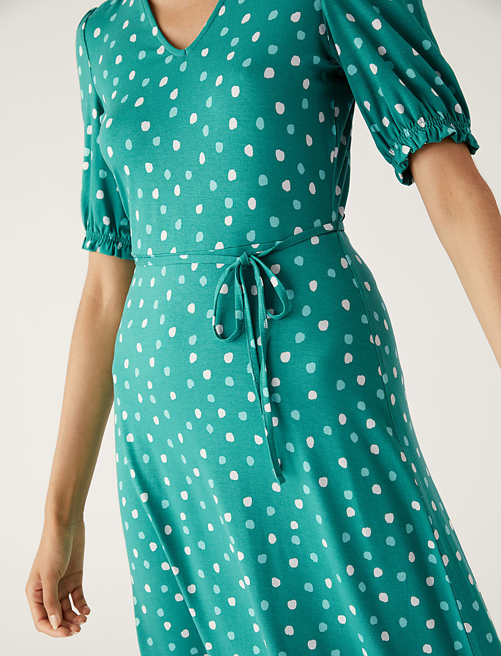 Jersey Polka Dot V-Neck Midi Tea Dress