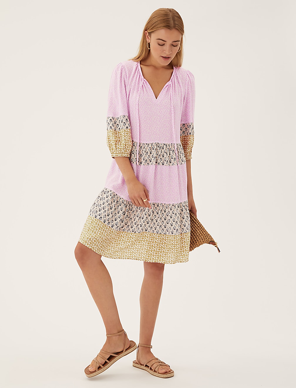 Printed Tie Neck Knee Length Smock Dress