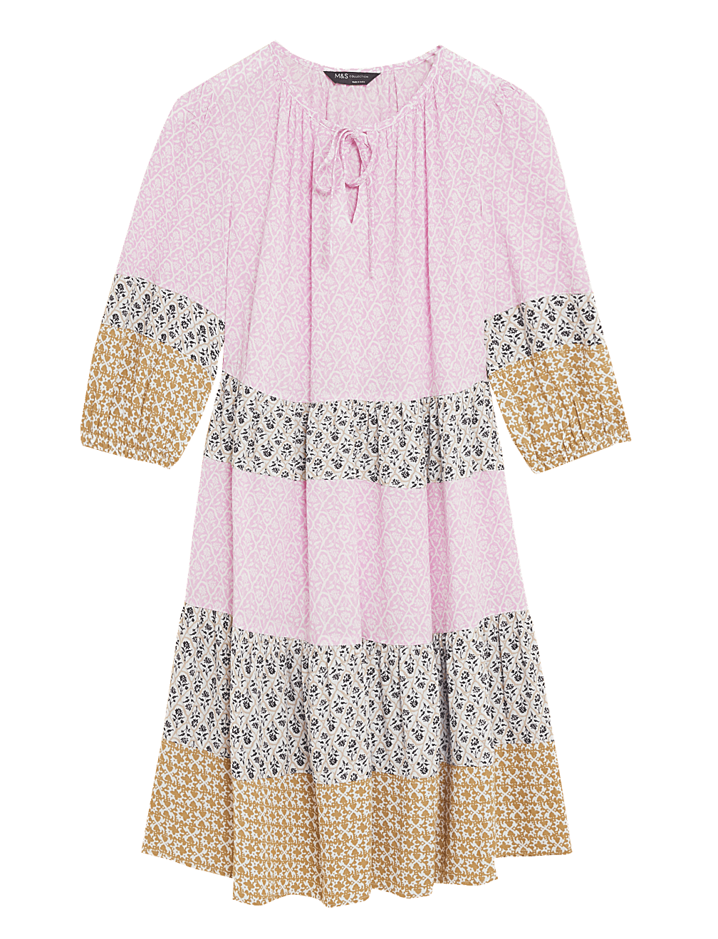 Printed Tie Neck Knee Length Smock Dress