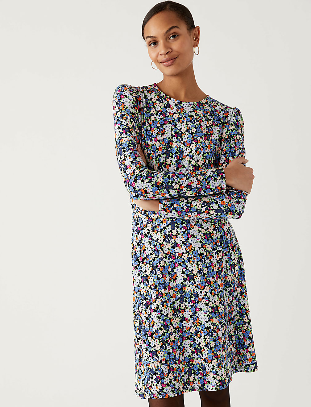 Jersey Printed Round Neck Mini Skater Dress