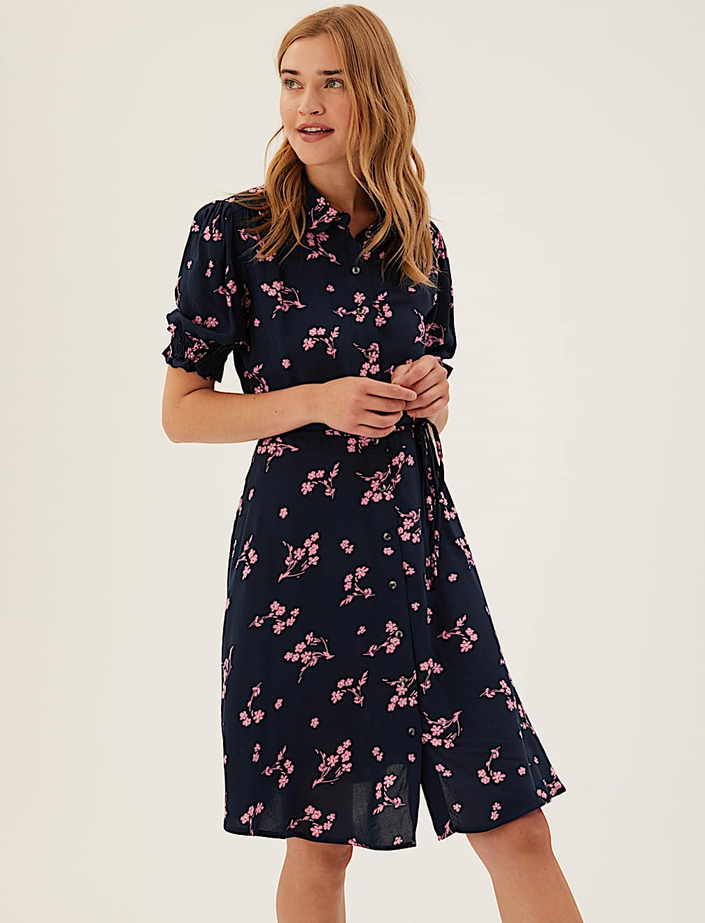 Floral Belted Mini Shirt Dress