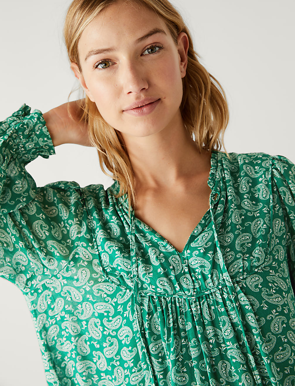 Printed Tie Neck Knee Length Smock Dress