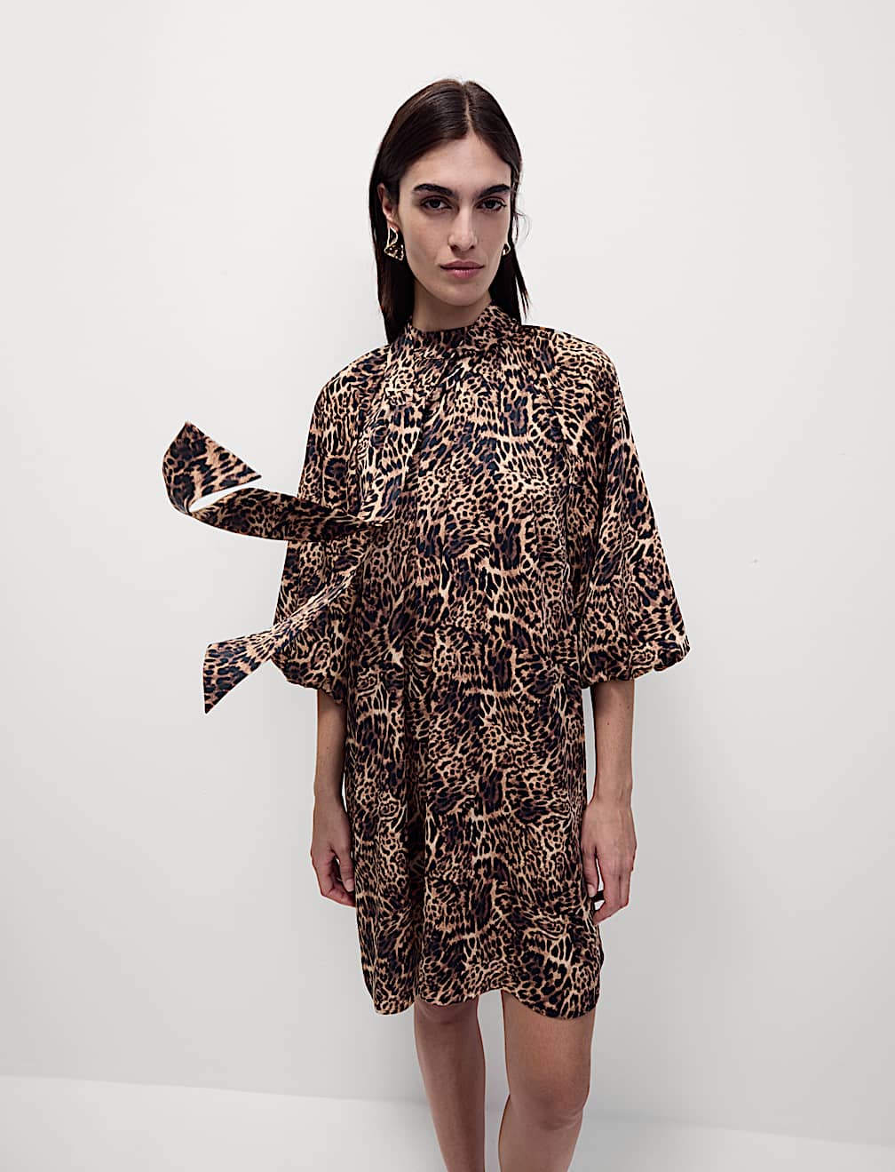 Animal Print Tie Neck Mini Shift Dress