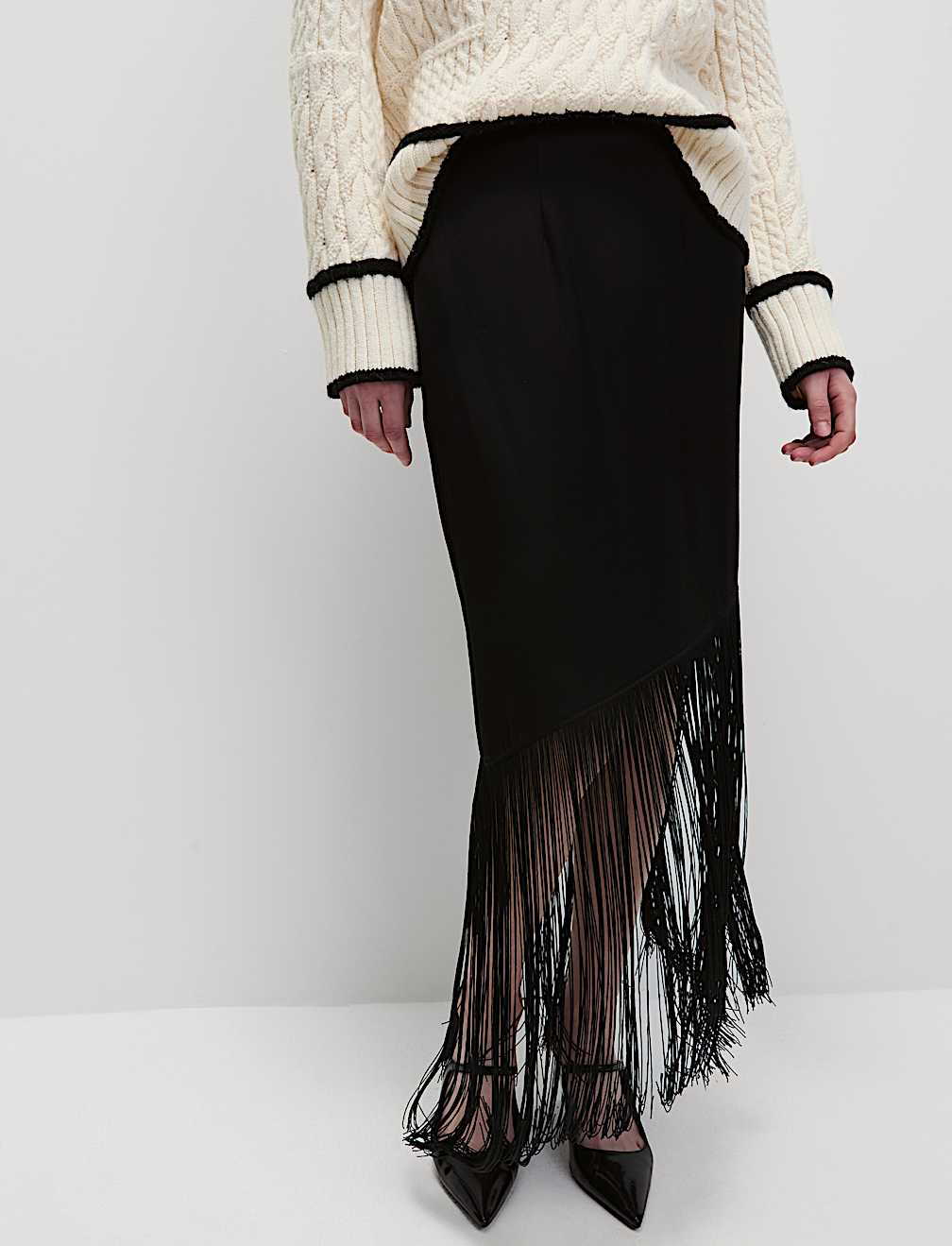 Fringe Detail Asymmetric Midaxi Slip Skirt