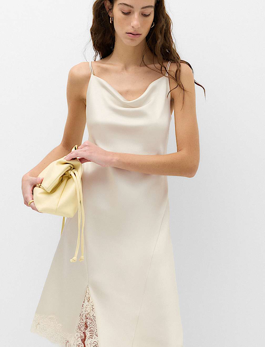 Satin Cowl Neck Lace Insert Midi Slip Dress