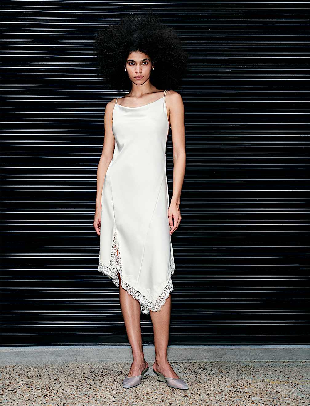 Satin Cowl Neck Lace Insert Midi Slip Dress