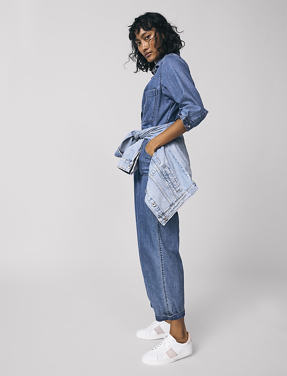 Denim Button Front Long Sleeve Jumpsuit