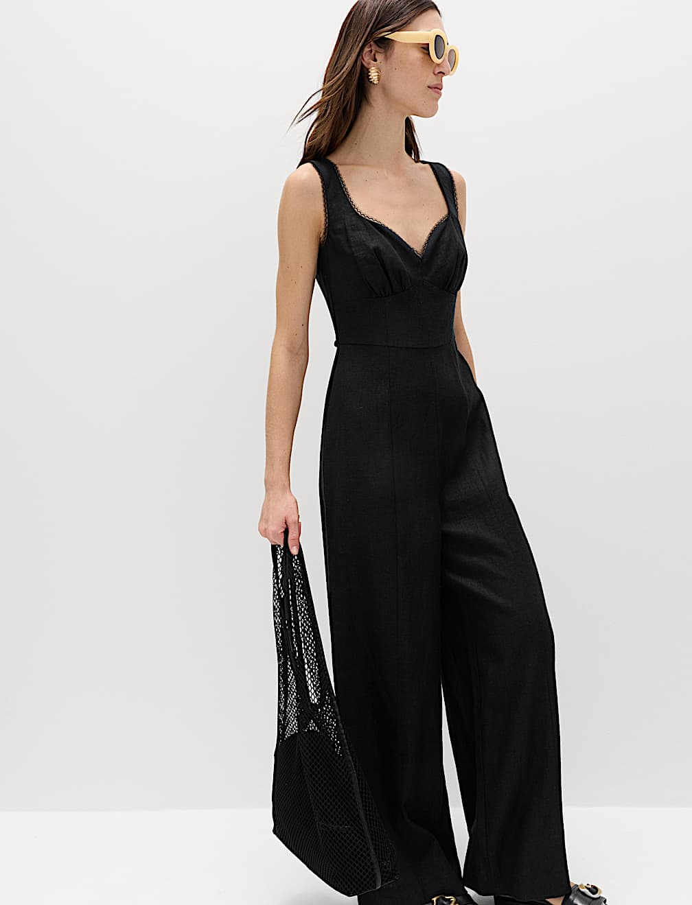 Linen Blend Tie Detail Waisted Jumpsuit