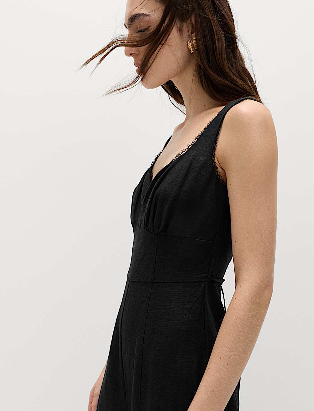 Linen Blend Tie Detail Waisted Jumpsuit