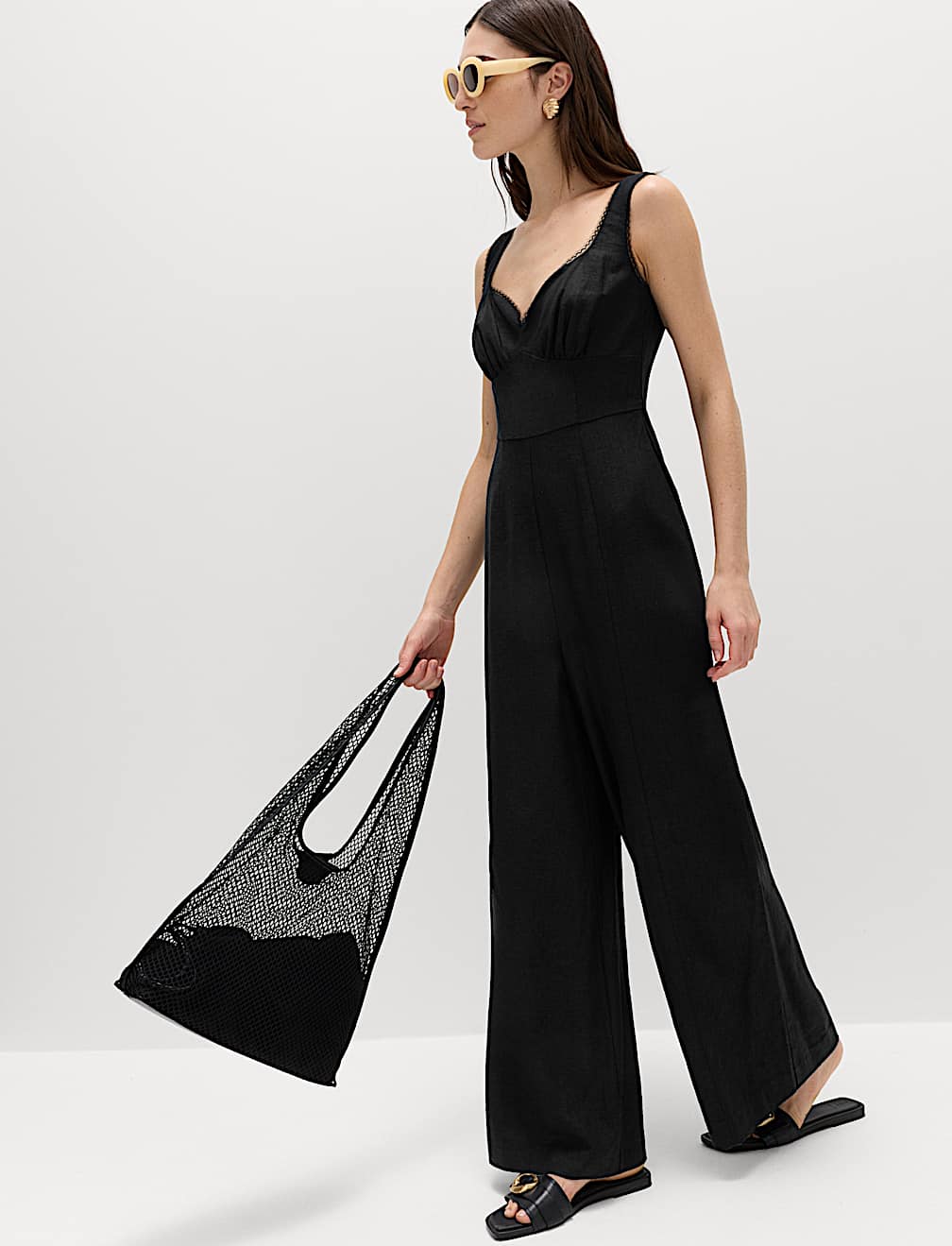 Linen Blend Tie Detail Waisted Jumpsuit