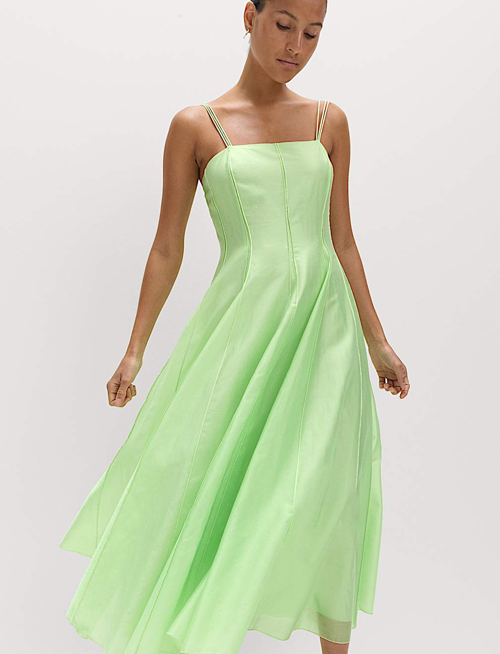 Square Neck Panel Detail Strappy Midi Skater Dress