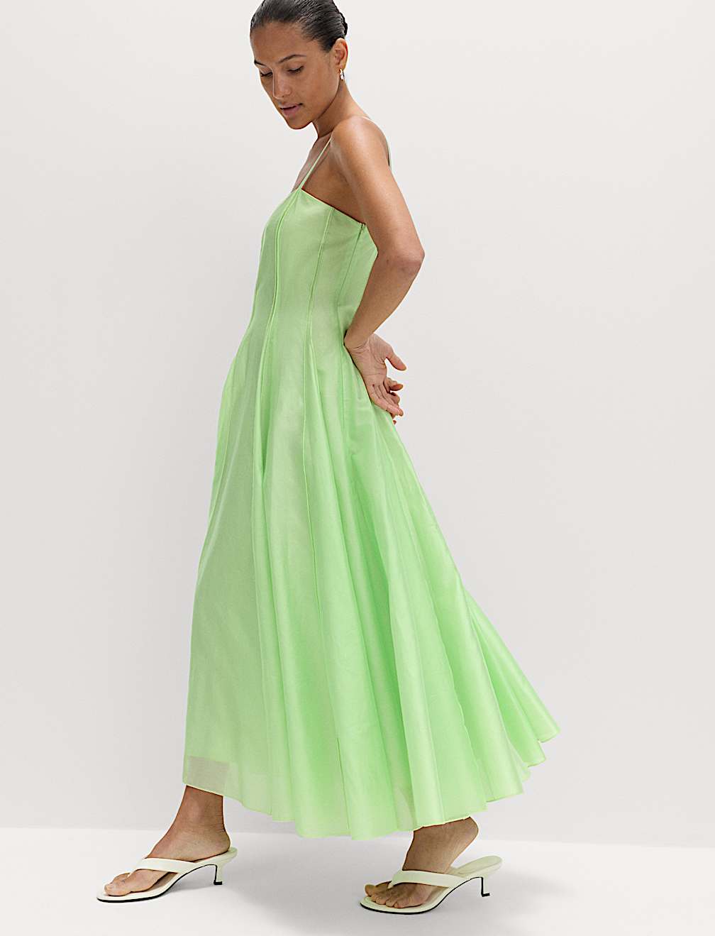 Square Neck Panel Detail Strappy Midi Skater Dress