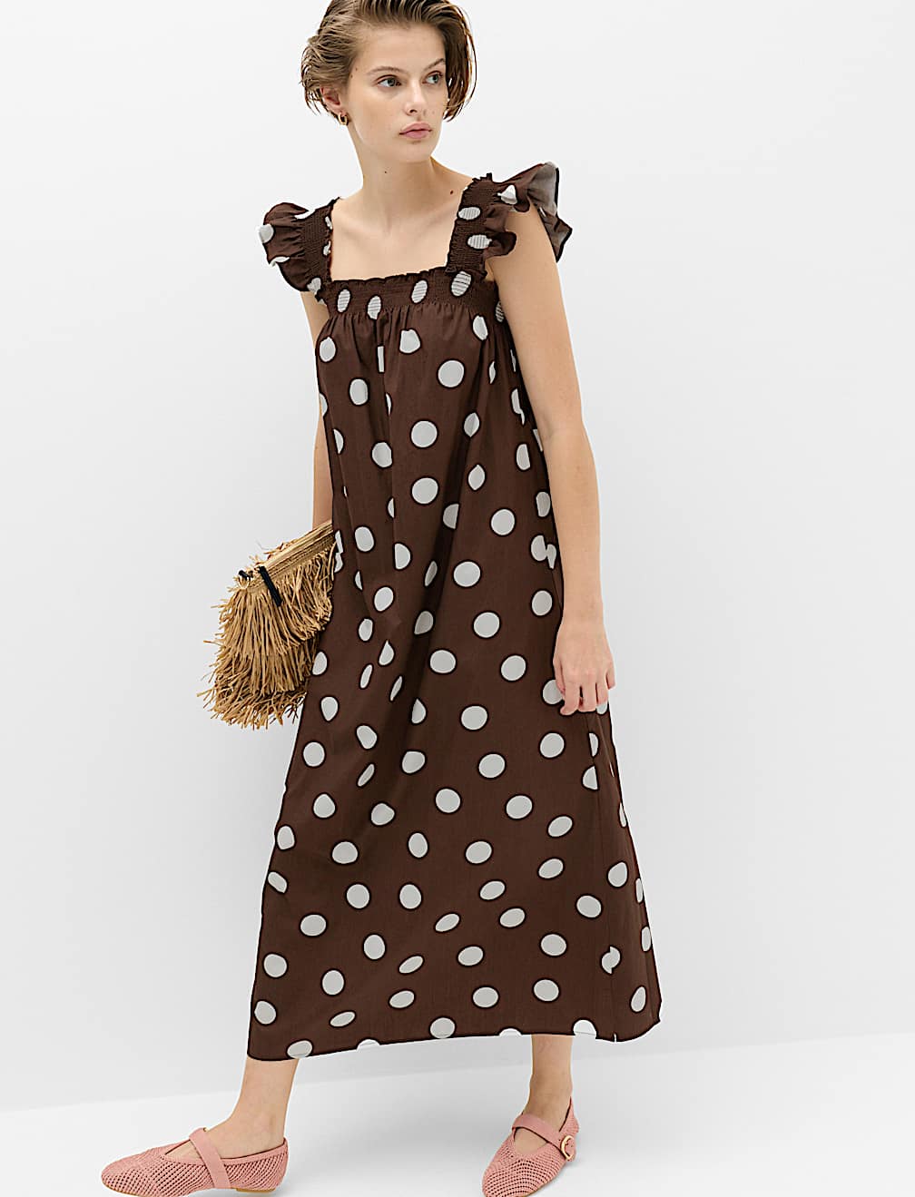 Pure Cotton Polka Dot Midi Shirred Dress