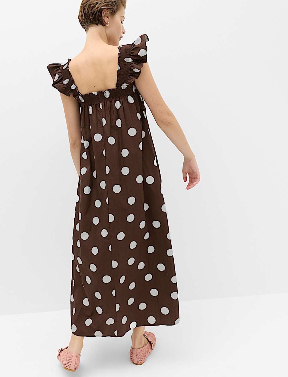 Pure Cotton Polka Dot Midi Shirred Dress