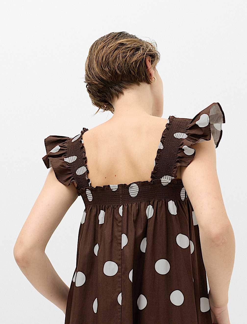 Pure Cotton Polka Dot Midi Shirred Dress