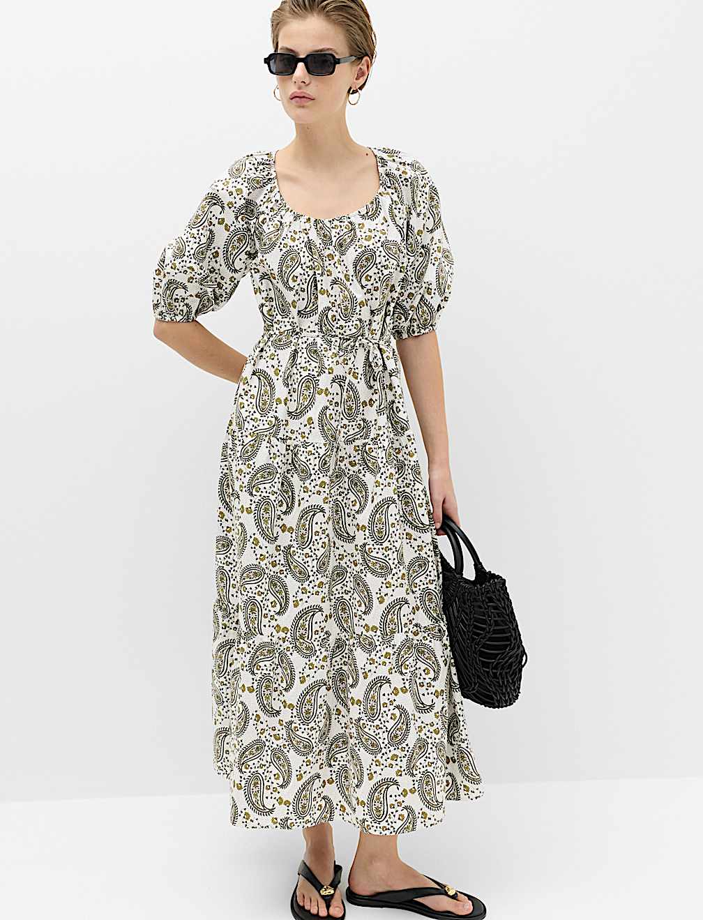 Pure Cotton Printed Midi Waisted Dress