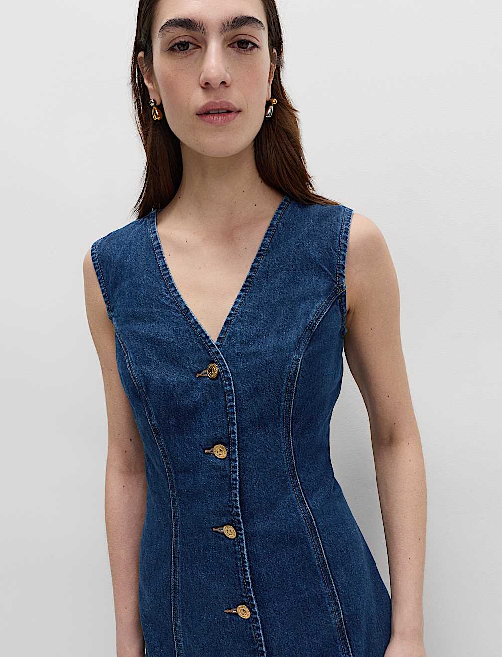Denim V-Neck Button Through Midi Shift Dress
