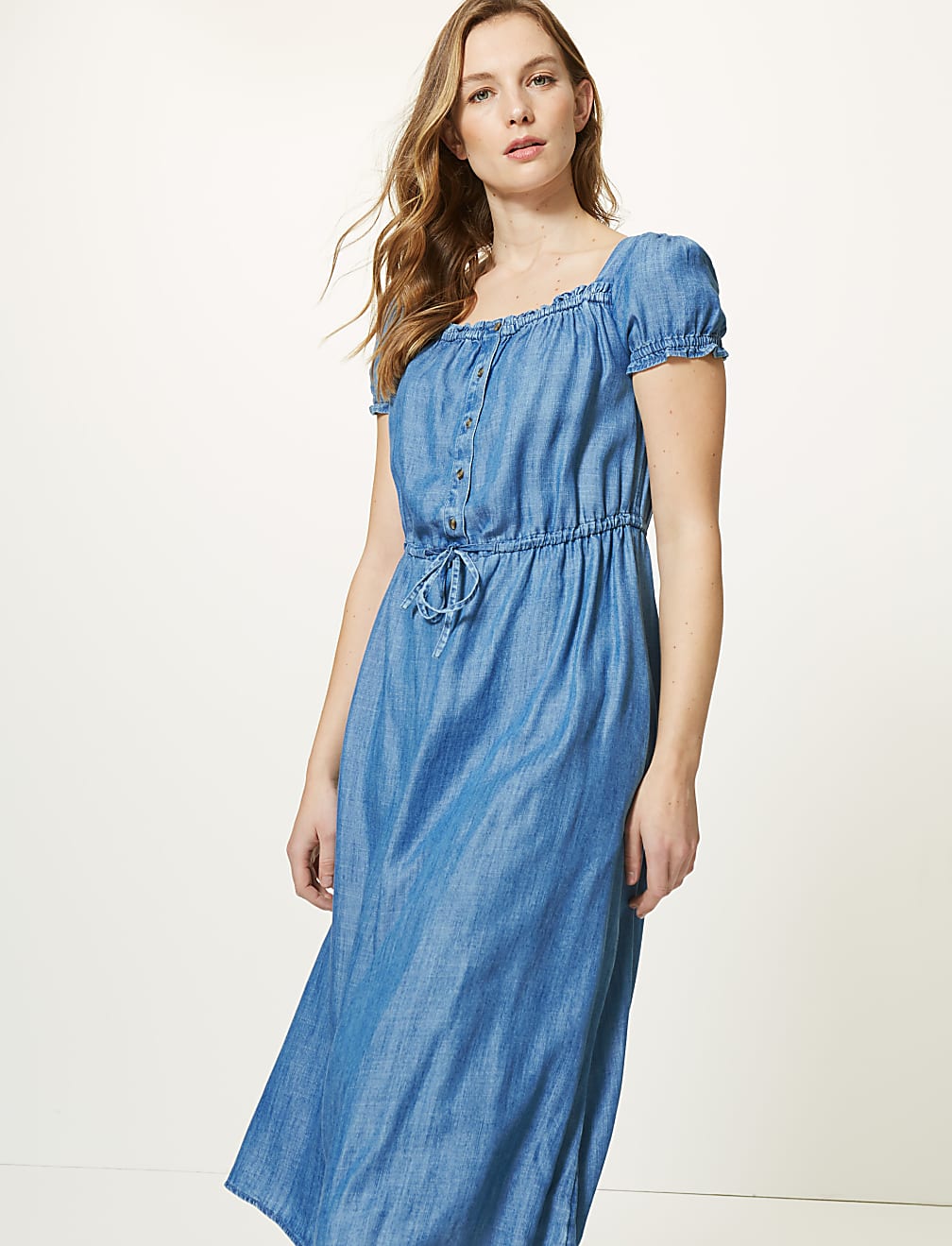 Button Front Waisted Midi Dress