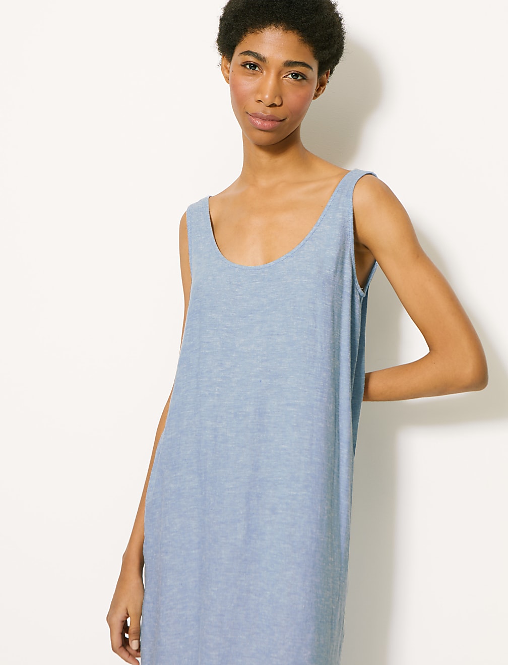 Flax Linen Mix Plain Round Neck Dress