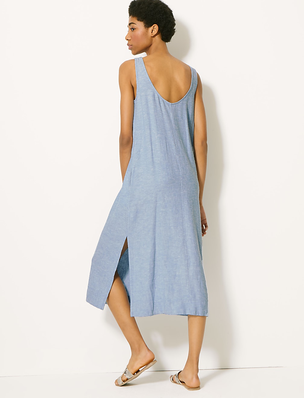 Flax Linen Mix Plain Round Neck Dress