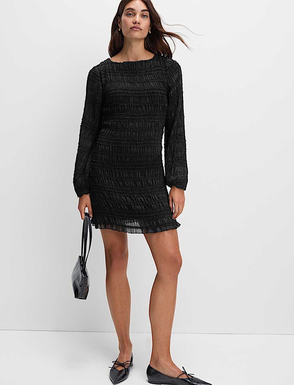 Textured Shirred Mini Relaxed Smock Dress