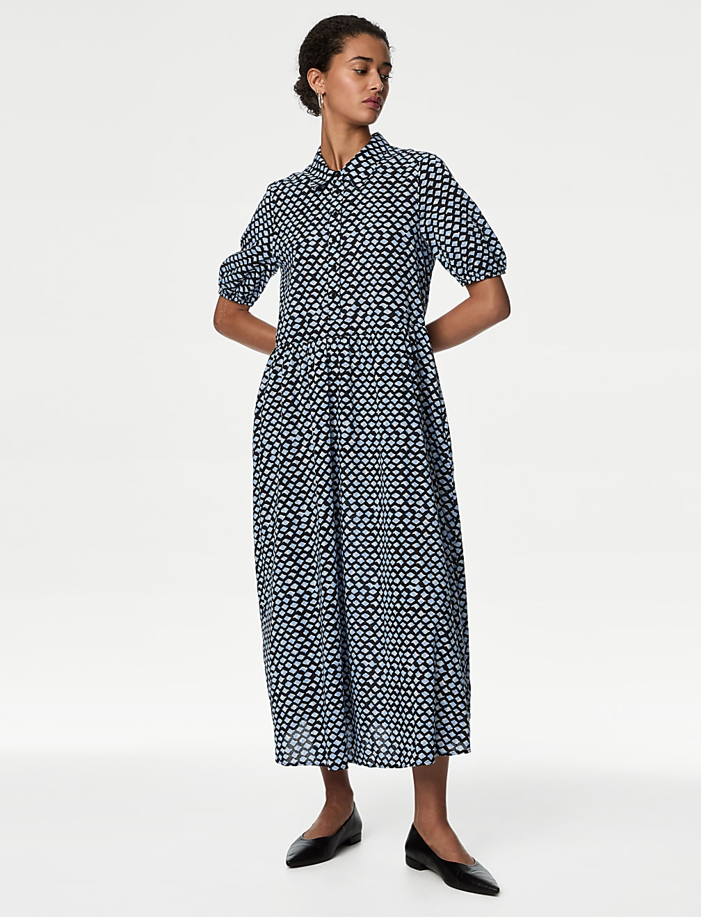 Pure Cotton Printed Midi Shirt Dress