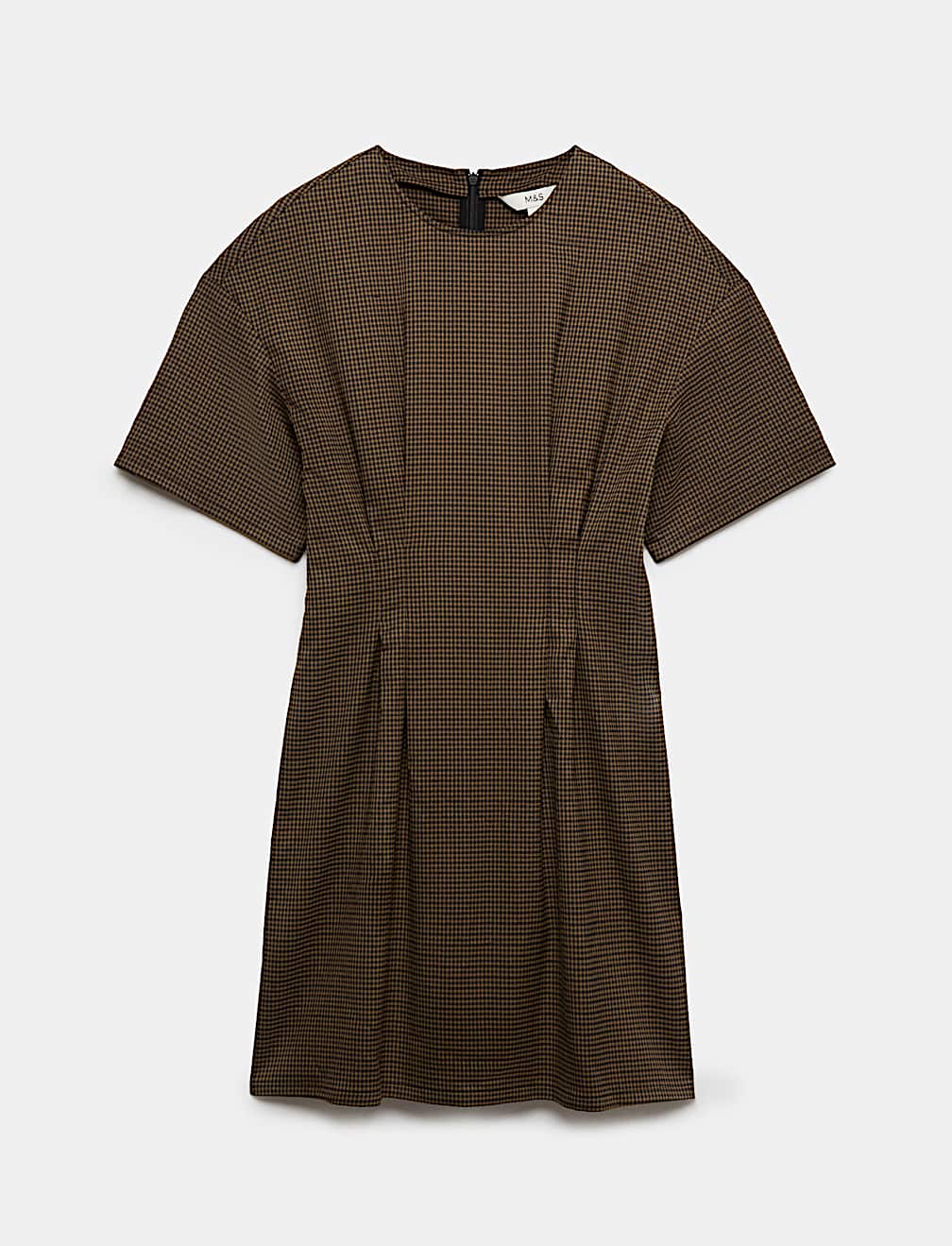 Checked Crew Neck Mini Waisted Dress