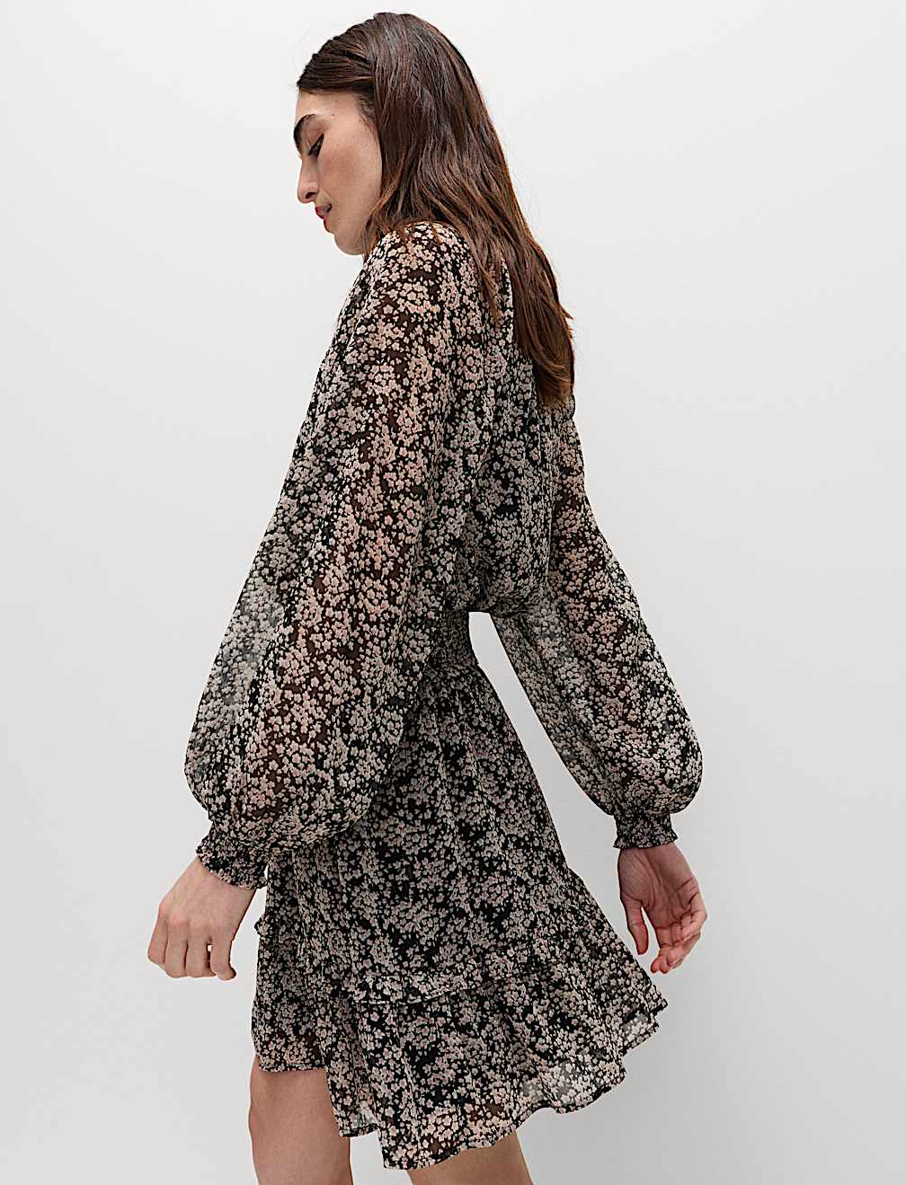 Chiffon Floral Tie Neck Mini Waisted Dress