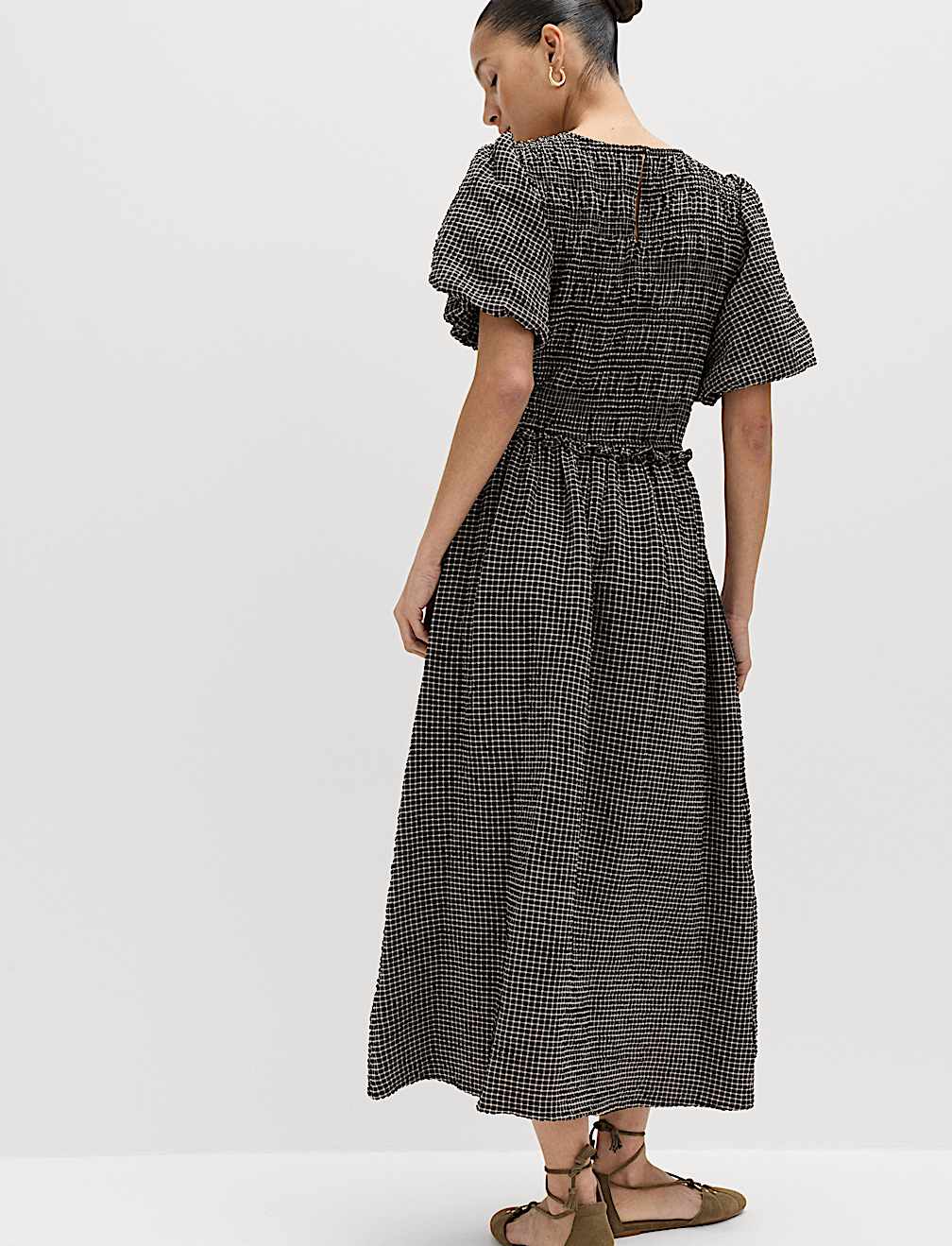 Gingham Puff Sleeve Midi Waisted Dress