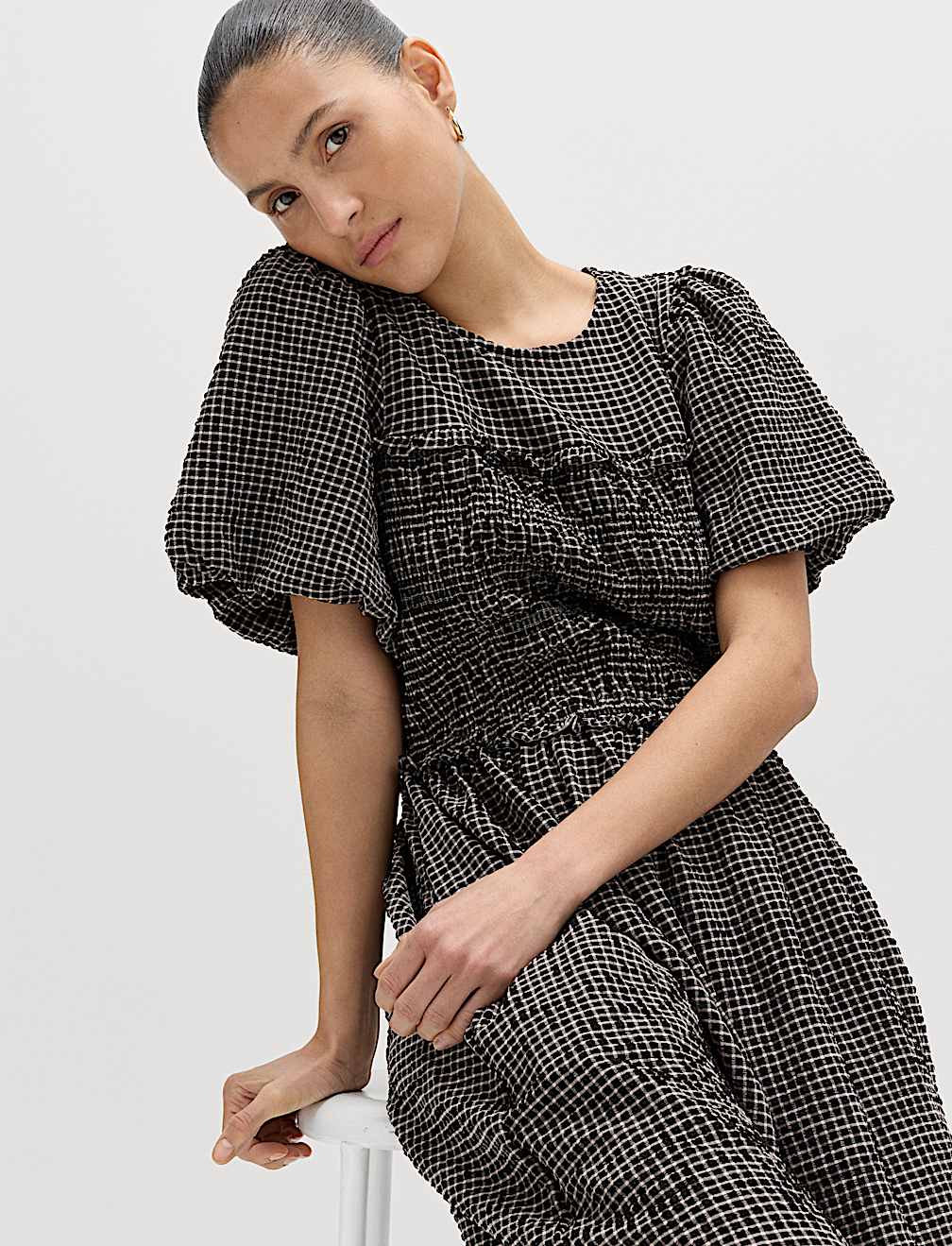 Gingham Puff Sleeve Midi Waisted Dress